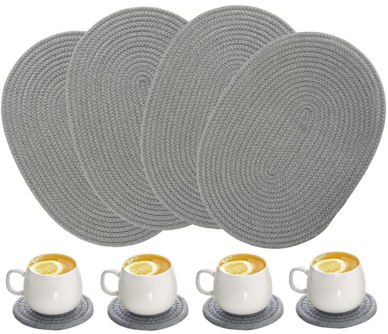 WENFOME 4 Pack Oval Woven Placemats, Gray Cotton Rope Braided Placemats with 4 Pack Round Fabric Coasters, Heat-Resistant Non-Slip Cotton Table Mats Charger Plates for Table Decoration (Gray) - Image 1